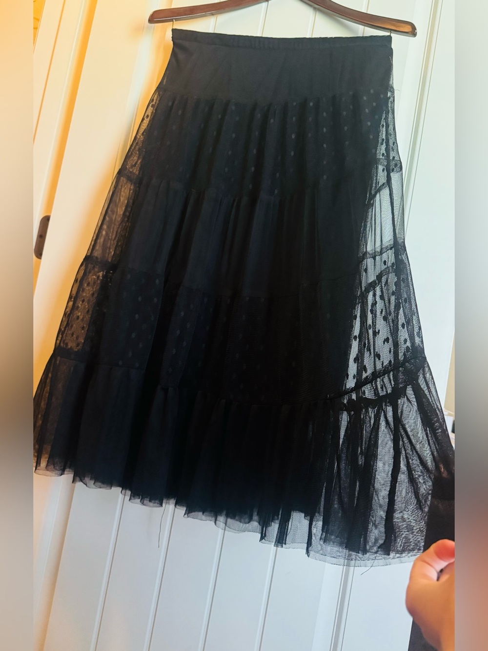 Anna-Kaci point d Espirit Black Tiered Dot-Mesh tulle Midi Skirt - Women Sz M